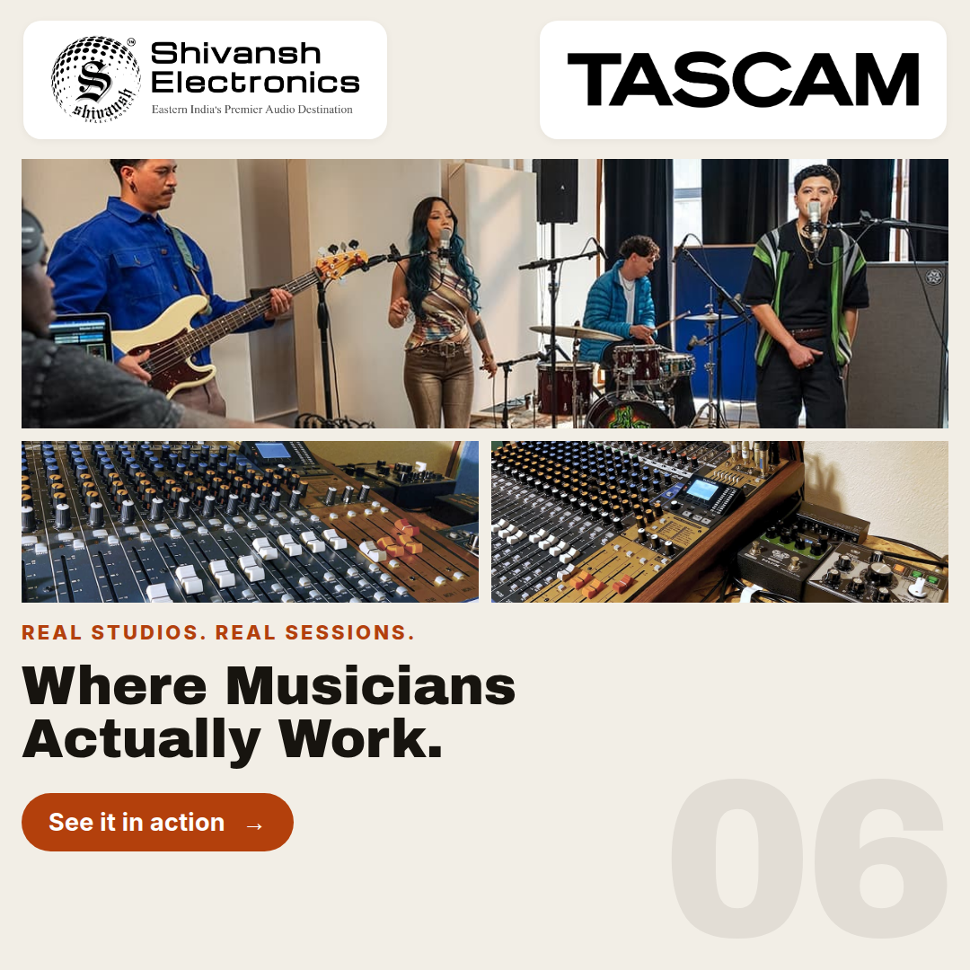 Promotional graphic for TASCAM audio equipment by Shivansh Electronics, featuring a collage of musicians performing and close-up views of mixing boards and audio gear in a studio setting.