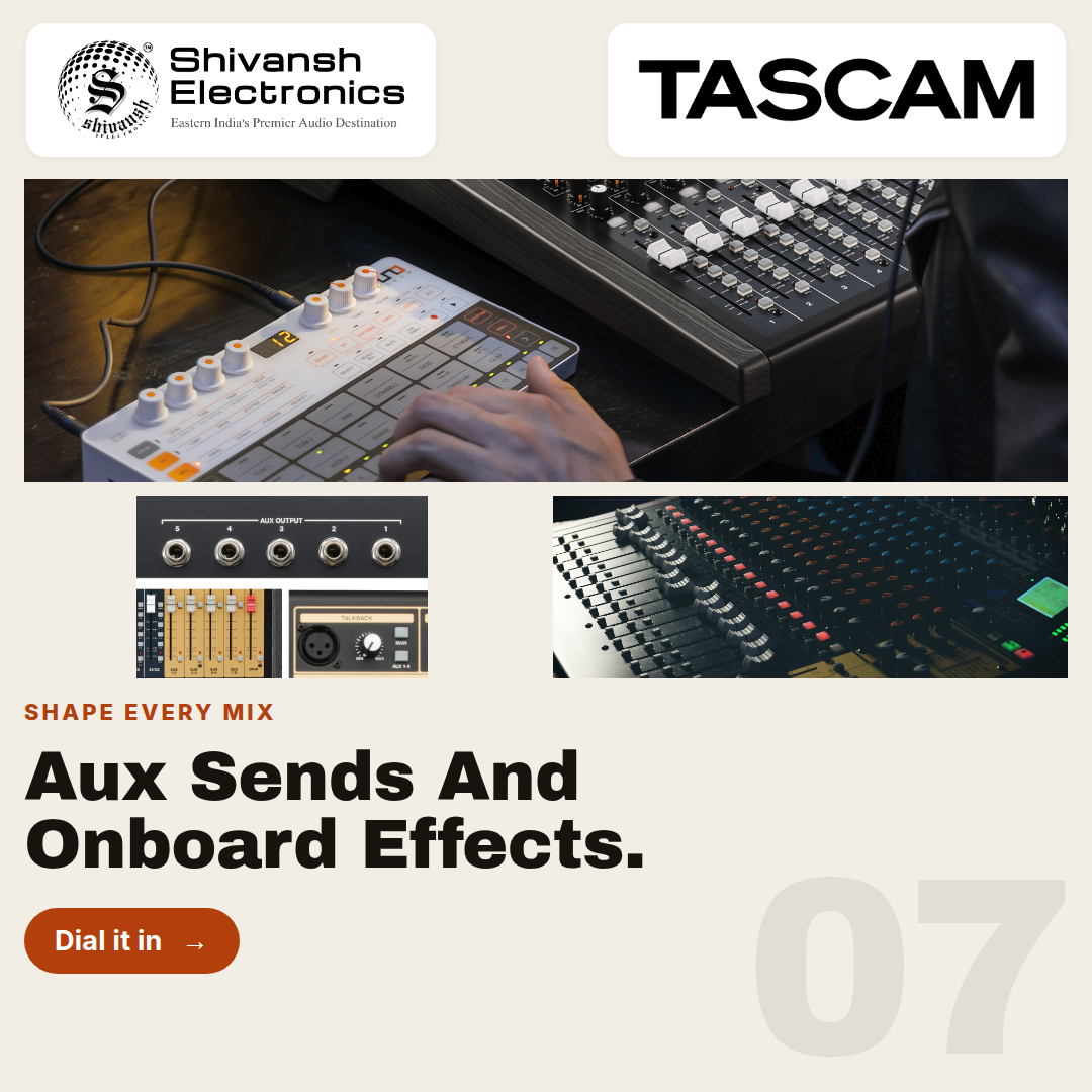 Promotional graphic for a TASCAM audio device or software feature, showing a close-up of a hand adjusting controls on a small mixing board, with the TASCAM logo, Shivansh Electronics branding, and marketing text on a beige background.