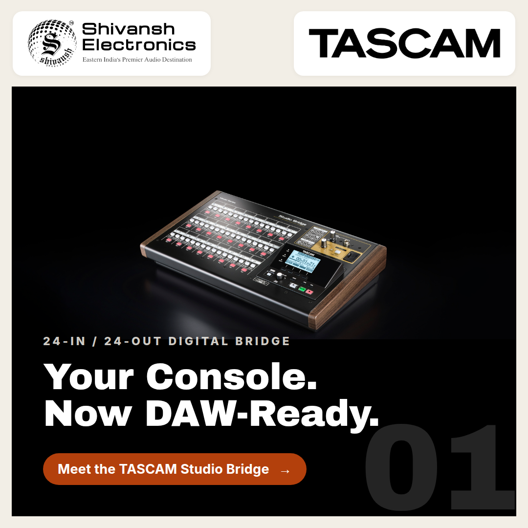 Promotional graphic for the TASCAM Studio Bridge digital console by Shivansh Electronics, showing the console on a black background with text reading 'Your Console. Now DAW-Ready.