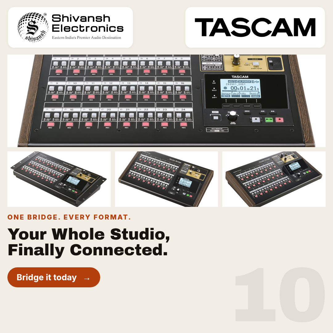 Promotional graphic for a TASCAM audio bridge device by Shivansh Electronics, showing the main bridge unit with multiple control buttons and three smaller inset views of the same device on a light beige background with branding and text.