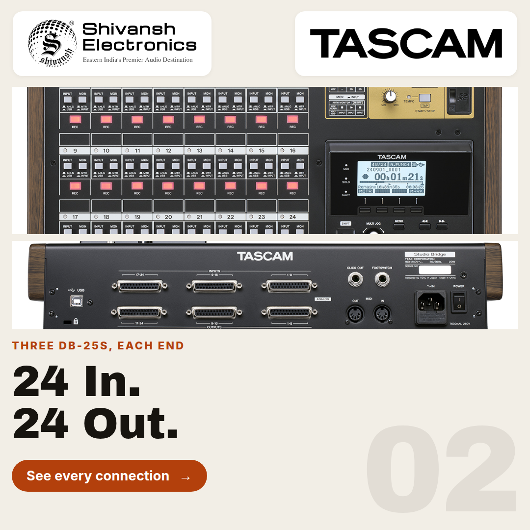 TASCAM 24-inch DB-25S audio splitter shown from both front and back, with branding and connection details on a beige graphic background.