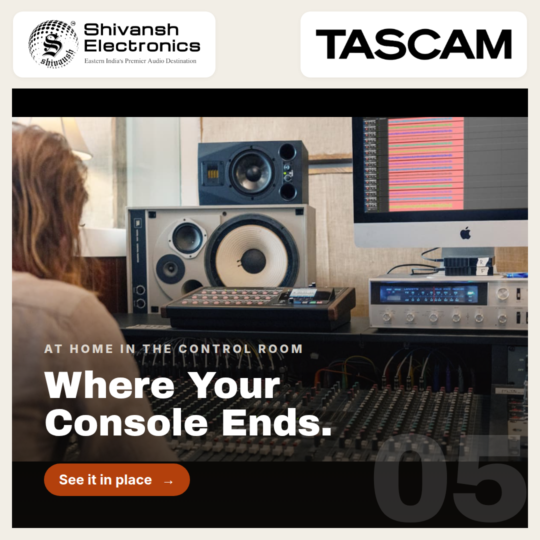 Promotional graphic for TASCAM audio equipment, featuring a control room scene with a mixing console, speakers, and an Apple iMac, with the text 'Where Your Console Ends.' and a TASCAM logo at the top.