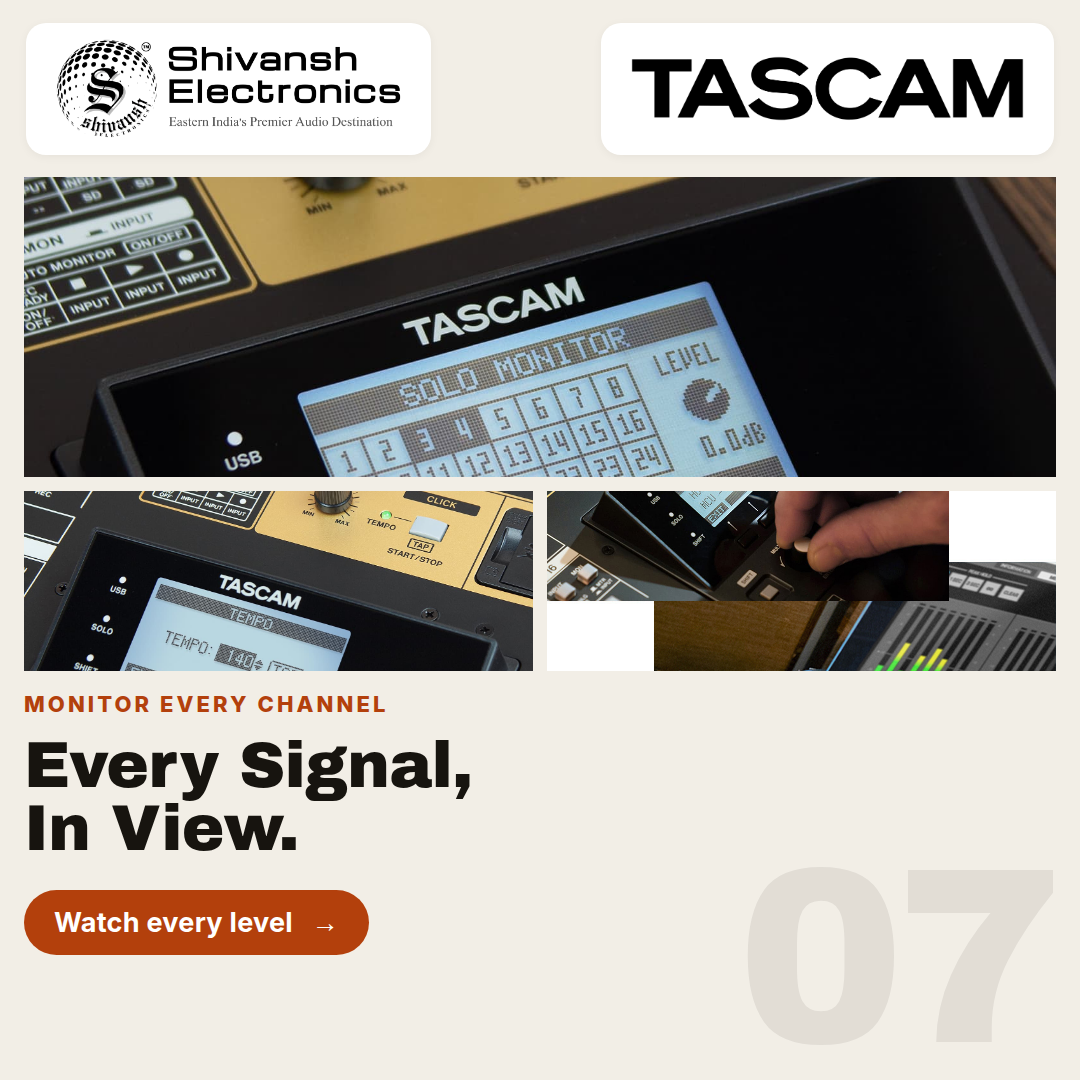 Promotional graphic for the TASCAM Solo Monitor, featuring multiple product close-ups of the black digital monitor with its screen active, alongside a hand adjusting a control knob. The graphic includes branding for 'Shivansh Electronics' and 'TASCAM' on a light beige background with the headline 'Every Signal, In View.